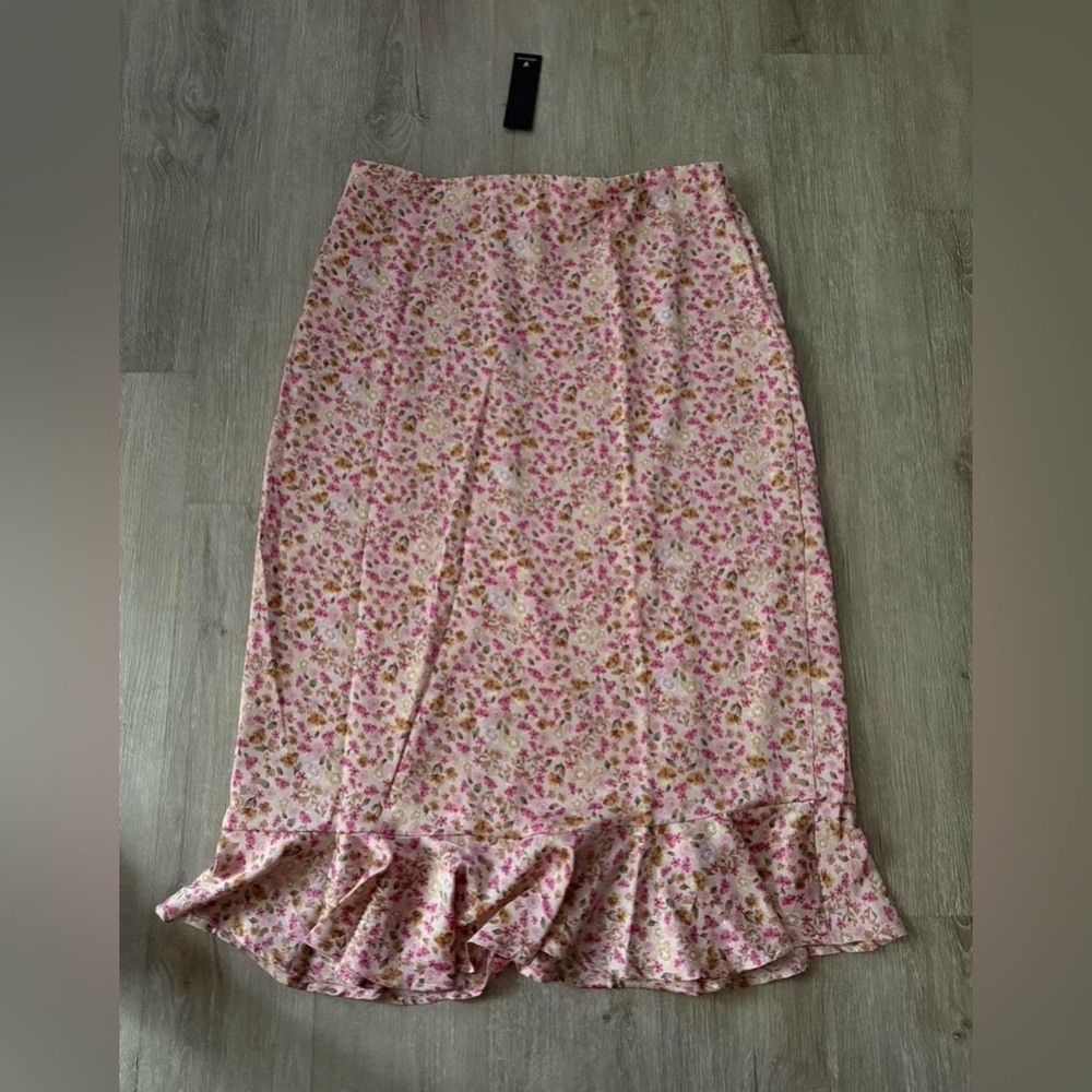 Lulu's Pink Floral Ruffle-Hem Midi Skirt